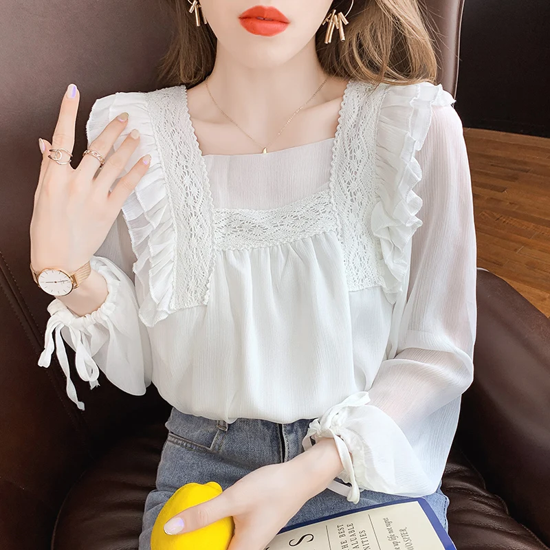 Tops Women 2022 Autumn Splicing Lace Ruffled Chiffon Shirt Loose And Thin Strap Bow Tie Fashion Square Neck White Blouse Shirt
Tops Women 2022 Autumn Splicing Lace Ruffled Chiffon Shirt Loose And Thin Strap Bow Tie Fashion Square Neck White Blouse Shirt