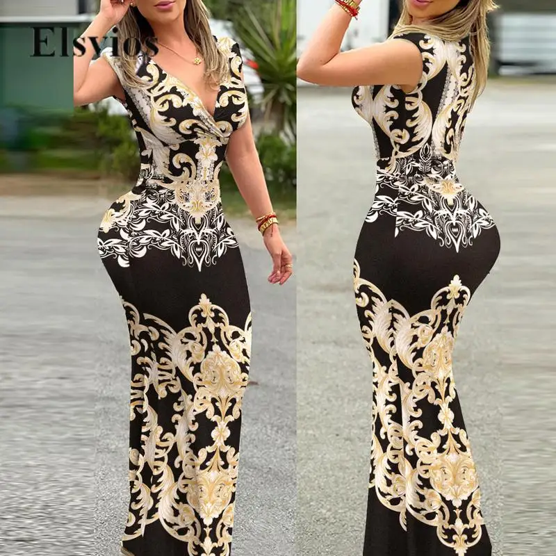 Сексуальное облегающее платье с глубоким V-образным вырезом, элегантное женское вечернее платье-макси без сна, модное облегающее длинное платье с принтом в стиле ретро 
Сексуальное облегающее платье с глубоким V-образным вырезом, элегантное женское вечернее платье-макси без сна, модное облегающее длинное платье с принтом в стиле ретро