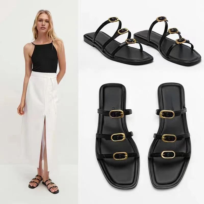 TAIME Brand Summer Fashion Genuine Leather Metal Button Flat Slippers Women Sandals Luxury Casual Simple Beach Shoes Female
TAIME Brand Summer Fashion Genuine Leather Metal Button Flat Slippers Women Sandals Luxury Casual Simple Beach Shoes Female
