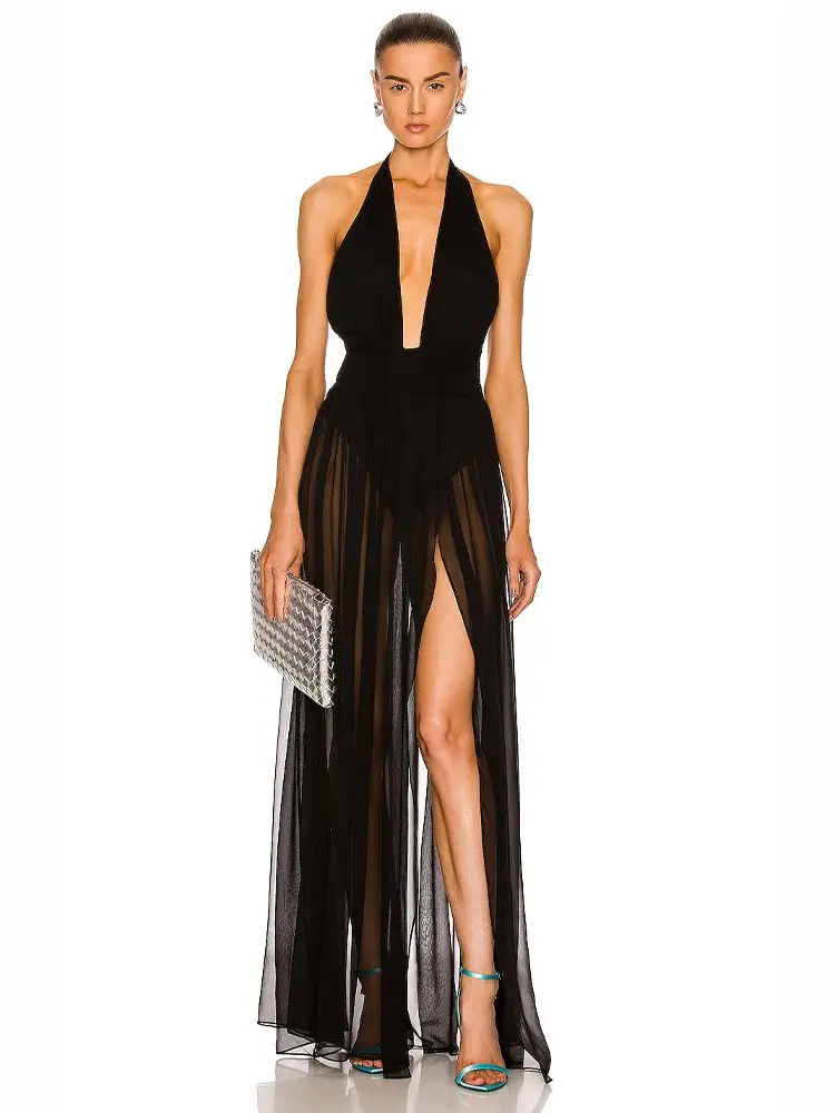 Ladies Black Sexy Spoon Neck Sleeveless Sling Halter Prom Dress Silk Tulle Sheer Side Slit Corset Party Dress Formal Dress
Ladies Black Sexy Spoon Neck Sleeveless Sling Halter Prom Dress Silk Tulle Sheer Side Slit Corset Party Dress Formal Dress