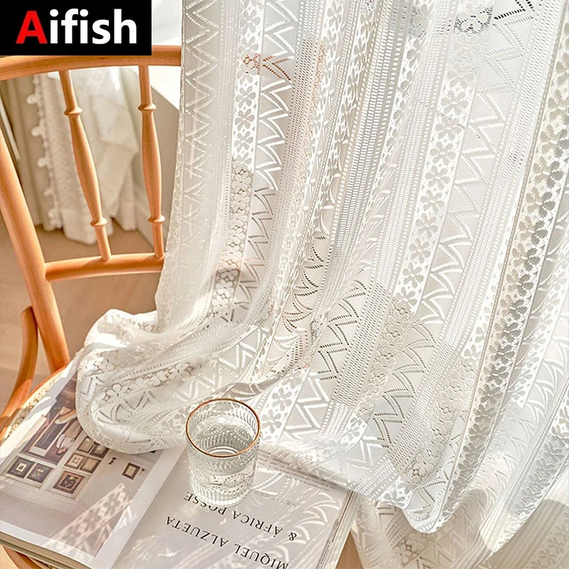 

White Lace Vintage Tulle Hollow Flower Embroidered Sheer Curtain for Bedroom Balcony French Light Filtering Voile Window Drapes