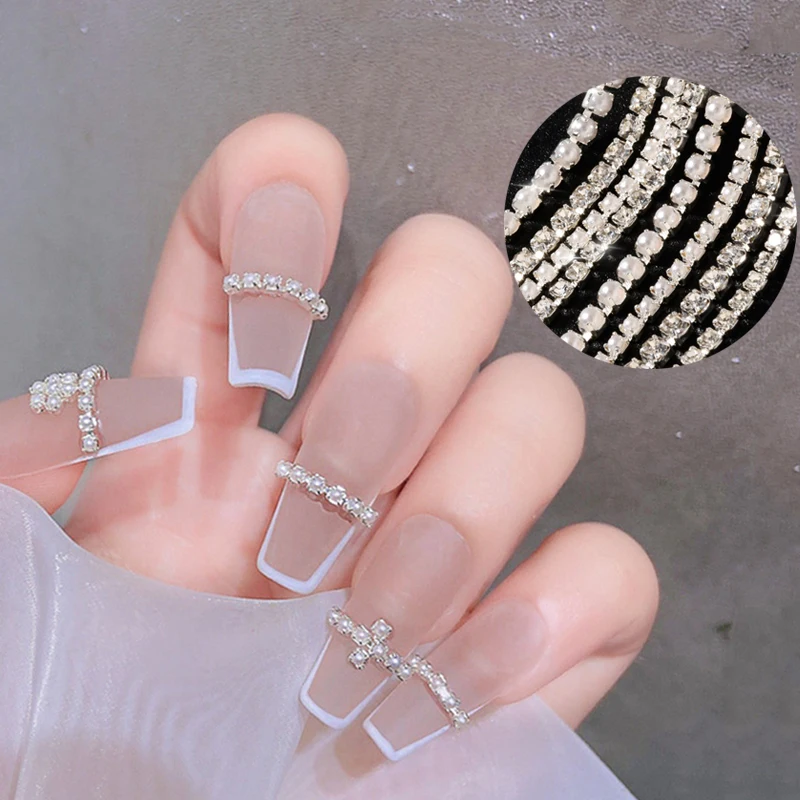 

25cm Pearl 3D Nail Rhinestones Chain Glitter Crystals Diamond Chain Jewelry Silver Nail Art Decorations Ornament Accesoires