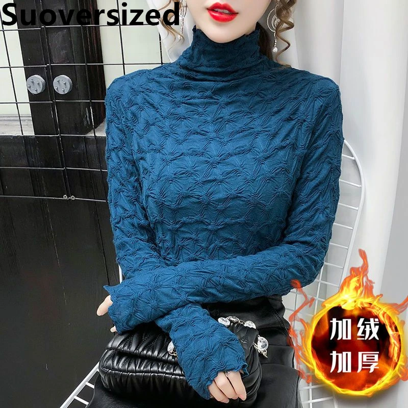 Women's Mock Neck Add Velvet Lace Bottomed T Shirt Winter Slim Warm Plush Lining Tee Korean Casual Chic Long Sleeve Skinny Tops
Women's Mock Neck Add Velvet Lace Bottomed T Shirt Winter Slim Warm Plush Lining Tee Korean Casual Chic Long Sleeve Skinny Tops