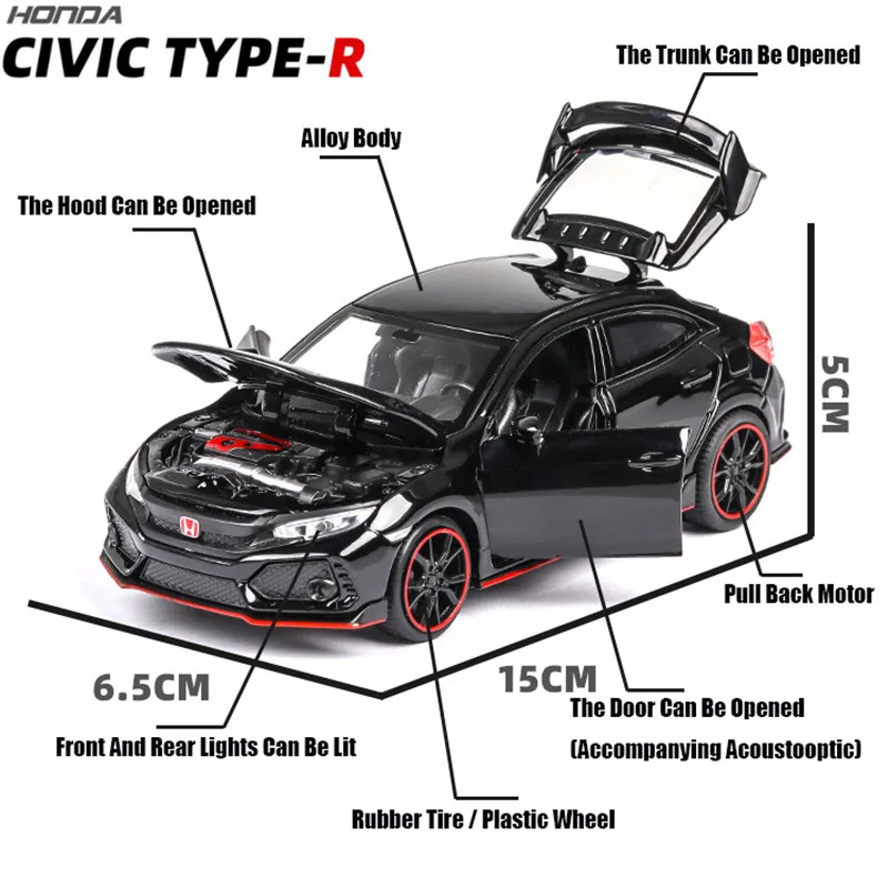 

1:32 HONDA CIVIC TYPE-R Diecast игрушечные автомобили, металлическая модель автомобиля, коллекционная Игрушечная машина со звуком и светом для детей, под...