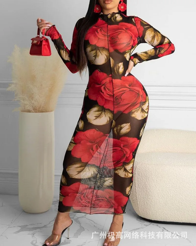 Женское длинное платье с цветочным принтом, длинным рукавом и круглым вырезом, лето 2022 
Женское длинное платье с цветочным принтом, длинным рукавом и круглым вырезом, лето 2022