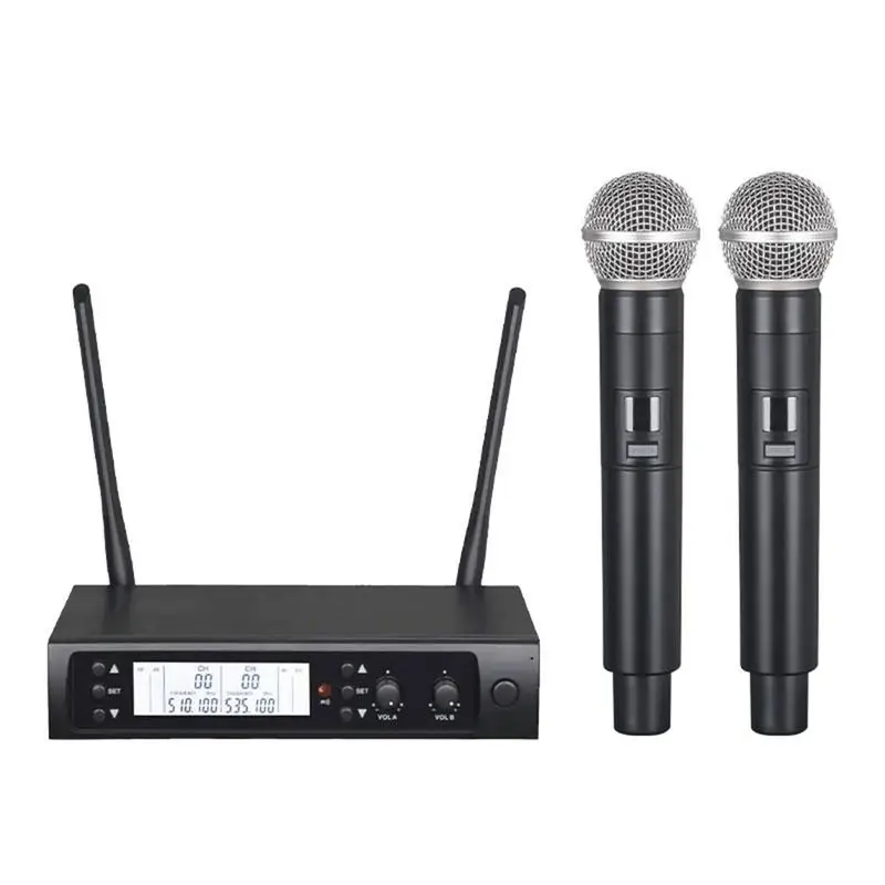 

Wireless Microphone System Dual Handheld Karaoke Dynamic Microphone System Metal Cordless Dynamic Vocals Mics For Party Wedding