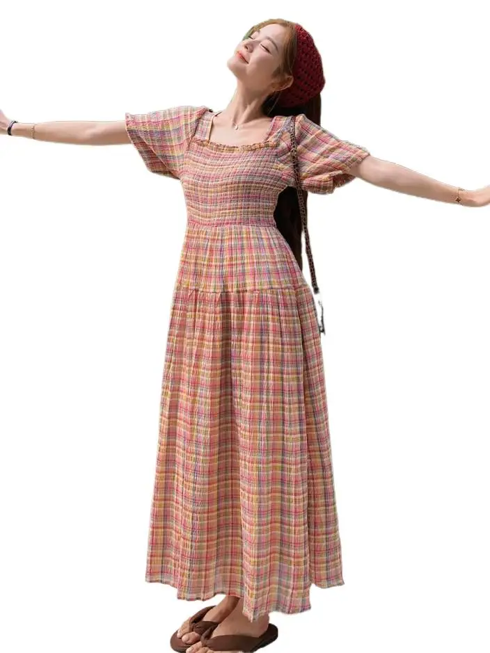 

Женское Хлопковое платье с квадратным вырезом, летнее милое длинное платье-трапеция с пышными рукавами и высокой талией, нежное платье для отдыха в морском стиле