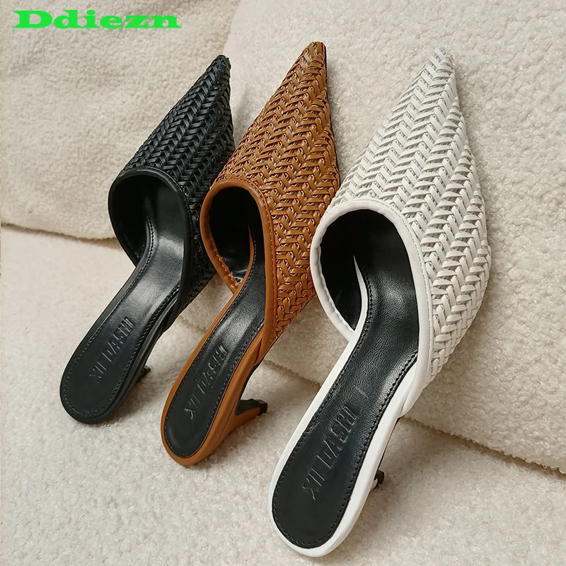 

Women Pumps Female Shoes Thin High Heels 2023 New Casual Outside Fashion Ladies Sandals Slides Pointed Toe Weave Footwear Mules