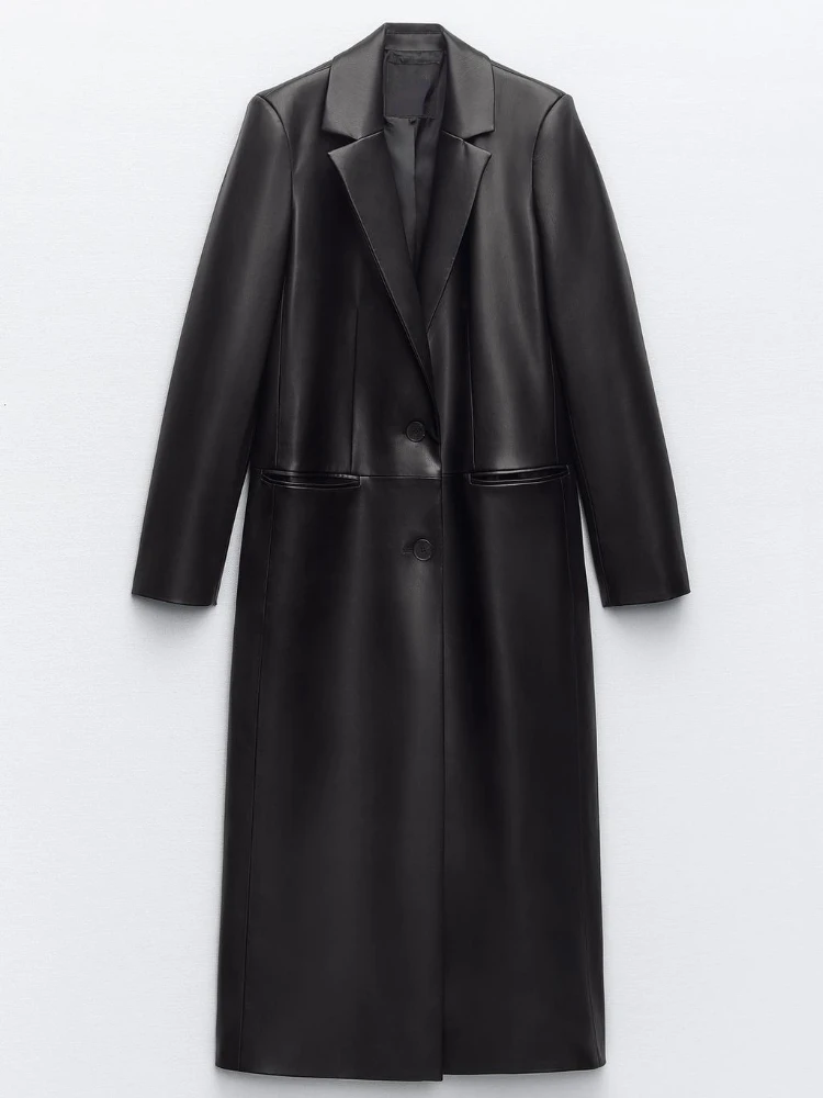 

FTLZZ Новинка весна осень уличная длинная куртка из искусственной кожи Женская мода отложной воротник однобортный черный Pu пальто Тренч
