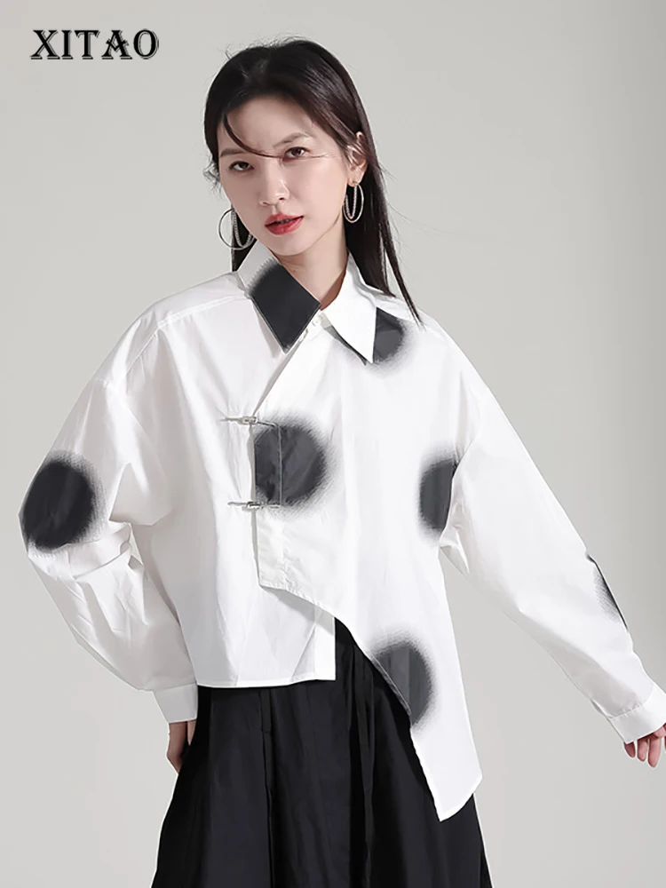 

XITAO Асимметричная однобортная женская рубашка с принтом, свободный отложной воротник, длинный рукав, осень 2023, новинка, универсальная DMJ2479