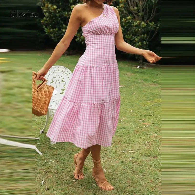 Lady Elegant Backless Long Party Dresses Fashion One Shoulder Plaid Dress For Women 2022 Summer Spring Sleeveless Beach Dresses
Lady Elegant Backless Long Party Dresses Fashion One Shoulder Plaid Dress For Women 2022 Summer Spring Sleeveless Beach Dresses