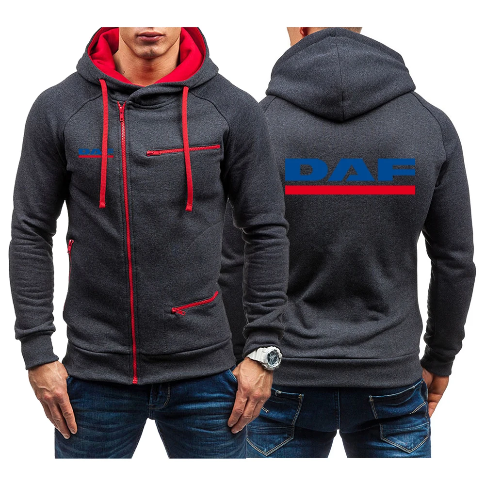 

2023 DAF TRUCKS COMPANY TRUCKER LOGO Men's New Solid Color Diagonal Zip Pullover Hooded Long Sleeves Hoodies Casual Jacket Tops