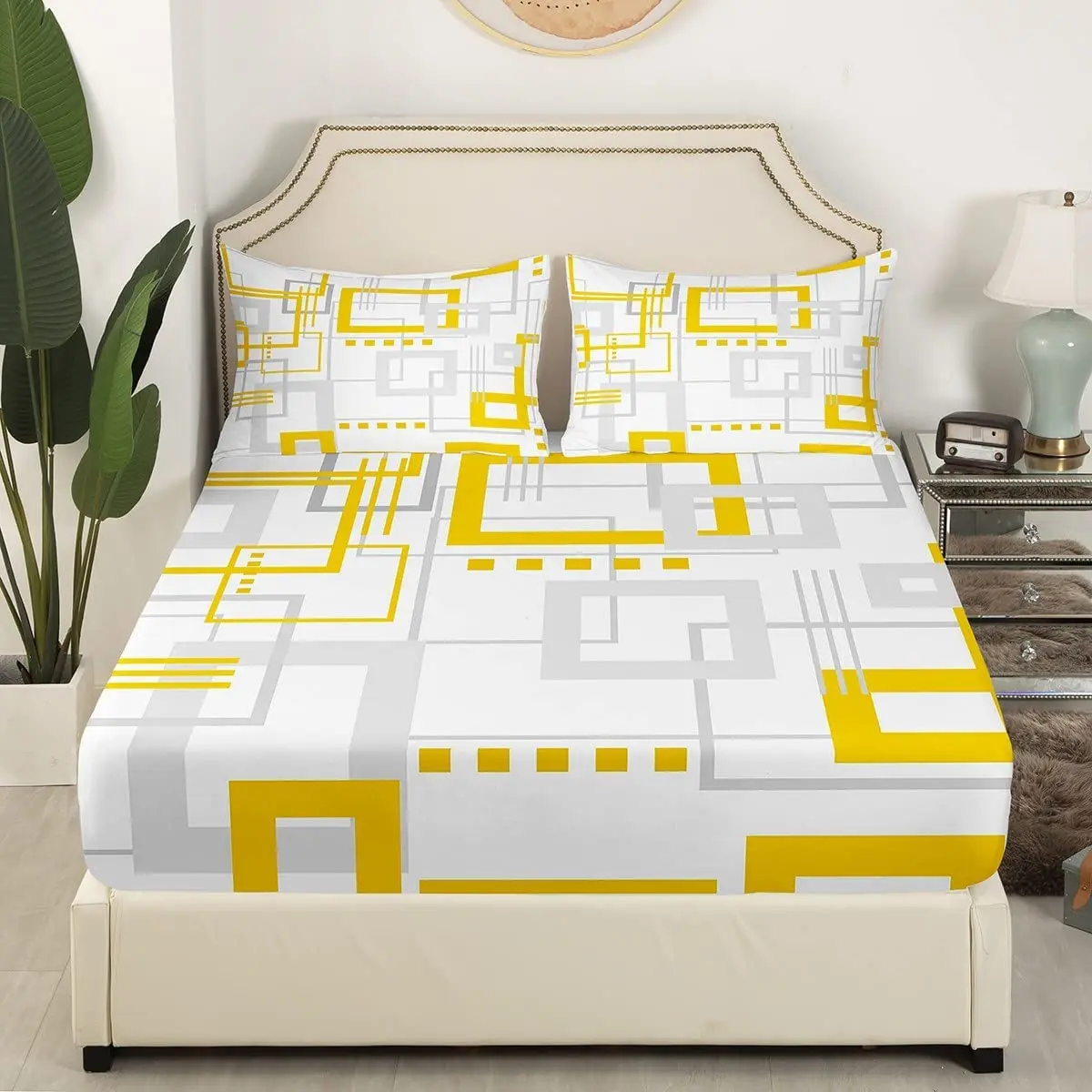

Modern Yellow and White Fitted Sheet Full Twin Size,Lattice Square Chequered Bed Sheets 3D Abstract Geometry Grid Sheet Set