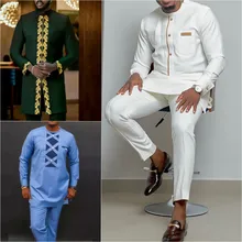 Kaftan Summer Mens Suit Round Neck Long-sleeved Top Pants African Male Traditional Outfit National Style 2PCS Clothing Sets