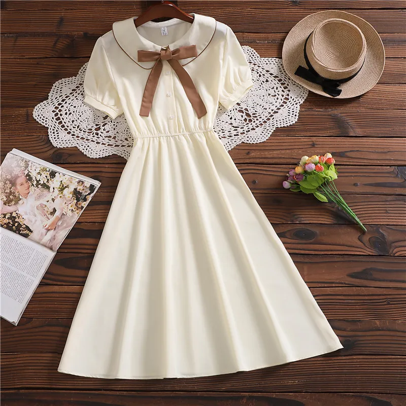 Japan Mori Girl Style Summer Sweet Cute Dress Women Short Sleeve Peter Pan Bow Collar Elastic Waist Kawaii Elegant Dresses
Japan Mori Girl Style Summer Sweet Cute Dress Women Short Sleeve Peter Pan Bow Collar Elastic Waist Kawaii Elegant Dresses