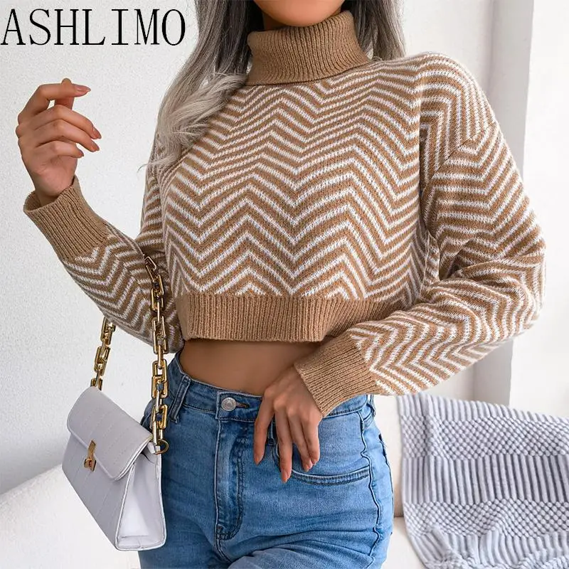 

Women Knitting Sweater Fashion High-necked 2022 Autumn Winter Tops Long-sleeved Striped Midriff Sweater Elegant For Lady