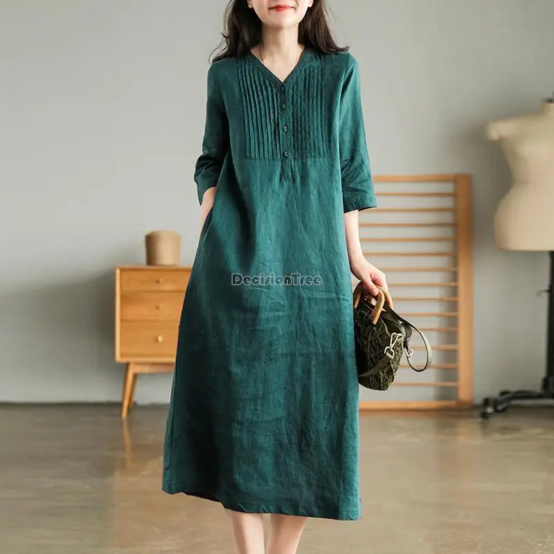 2023 vintage style linen dress women's half sleeve v-neck slimming solid color ramie cotton long elegant daily long dress s548
2023 vintage style linen dress women's half sleeve v-neck slimming solid color ramie cotton long elegant daily long dress s548