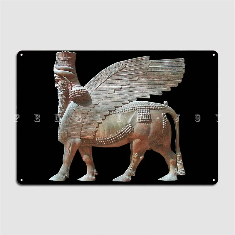 Статуя ассириана быка из крылатых голов Ассирии на черном плакате деревянная