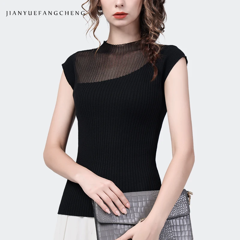 Women Short Sleeve Turtleneck Knitted Top Wool Sweater Black Stripes Thin Tight Shirt Spring Summer Ladies Casual Pullover 
Women Short Sleeve Turtleneck Knitted Top Wool Sweater Black Stripes Thin Tight Shirt Spring Summer Ladies Casual Pullover