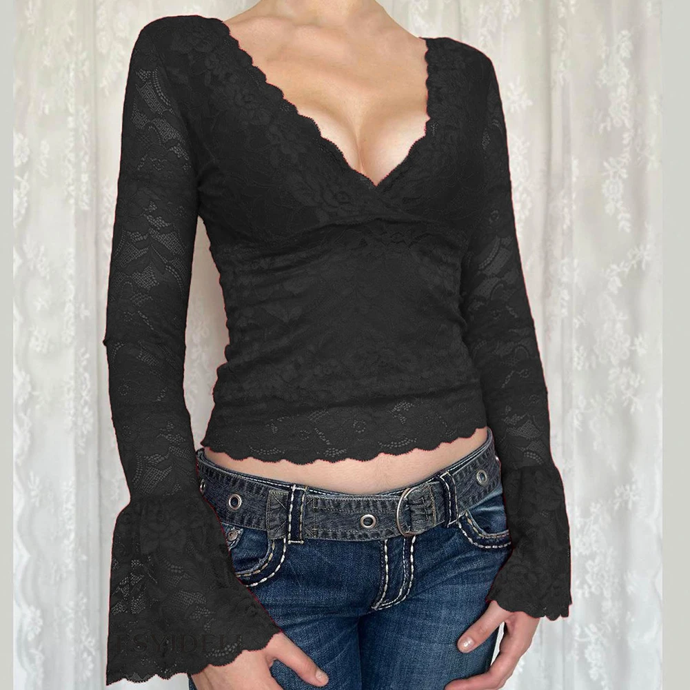 

Womens Shirt Womens Tops Lace Lady Top Long Sleeve Openwork Top Regular See Through Sexy Slim Solid Color Comfy