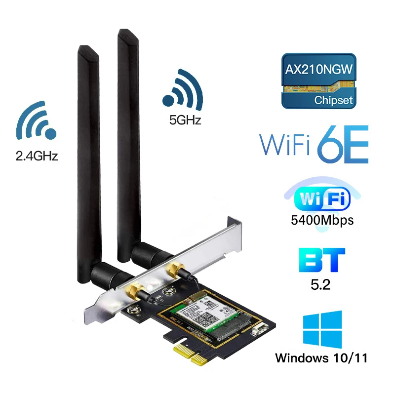 WiFi6 Ax210 Pcie Network Card WiFi Adapter Intel AX210NGW Bluetooth 5.2 802.11ax Tri Band 2.4G/5G/6Ghz PCI Wireless Card 
WiFi6 Ax210 Pcie Network Card WiFi Adapter Intel AX210NGW Bluetooth 5.2 802.11ax Tri Band 2.4G/5G/6Ghz PCI Wireless Card