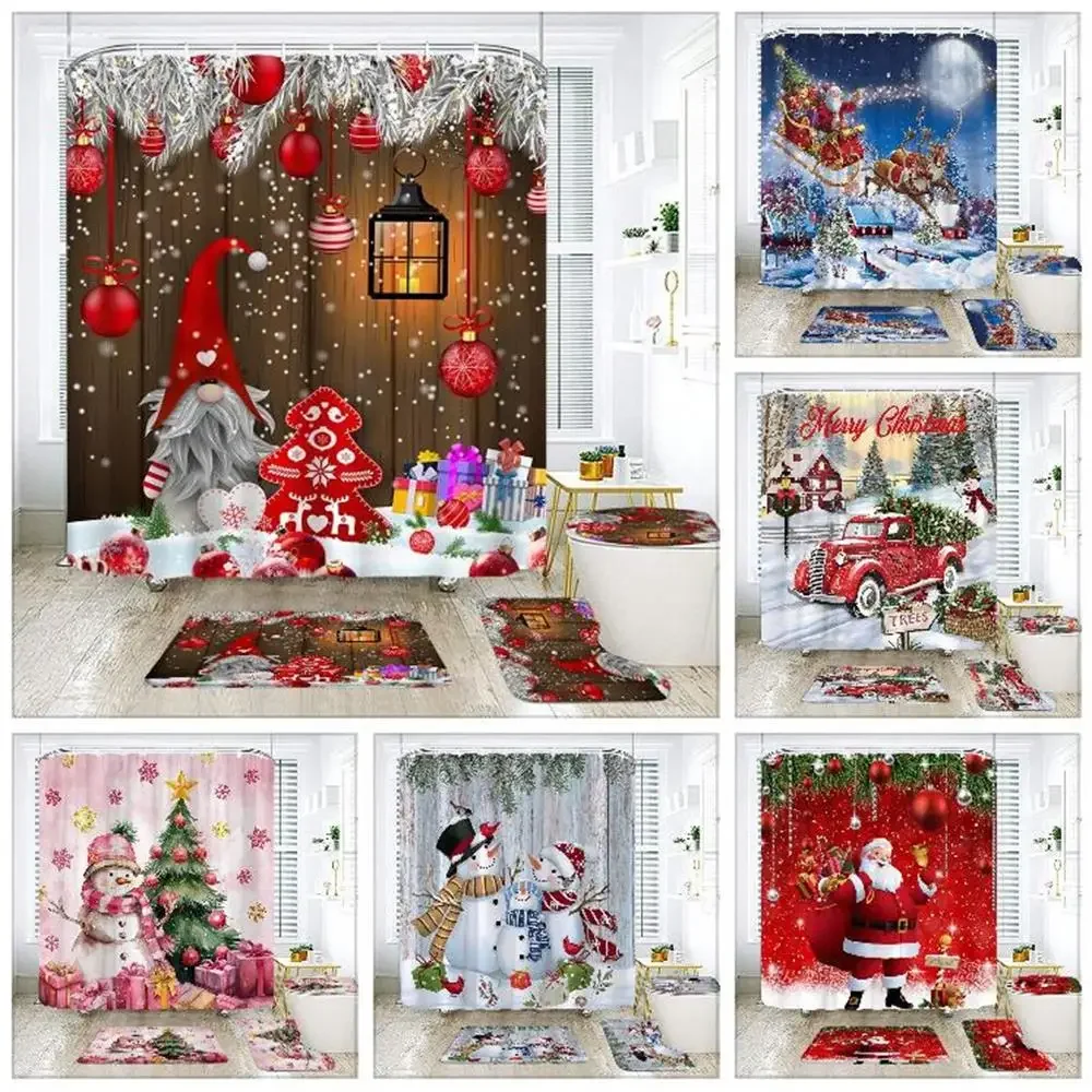 

Christmas Ambience Shower Curtain Rug Bathroom Set Snowman Elf Deer Xmas Gift Happy New Year Shower Curtains Set Bathroom Decor