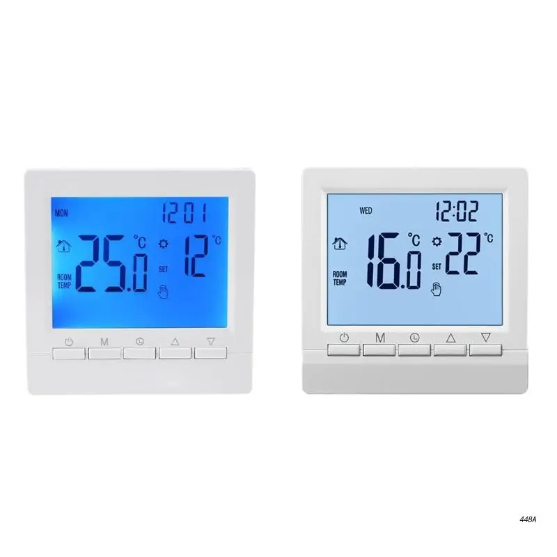 

Programmable Thermostat with White/Blue Backlit Electric Heating Warm Floor Temperature Controller for Water/Gas Boiler