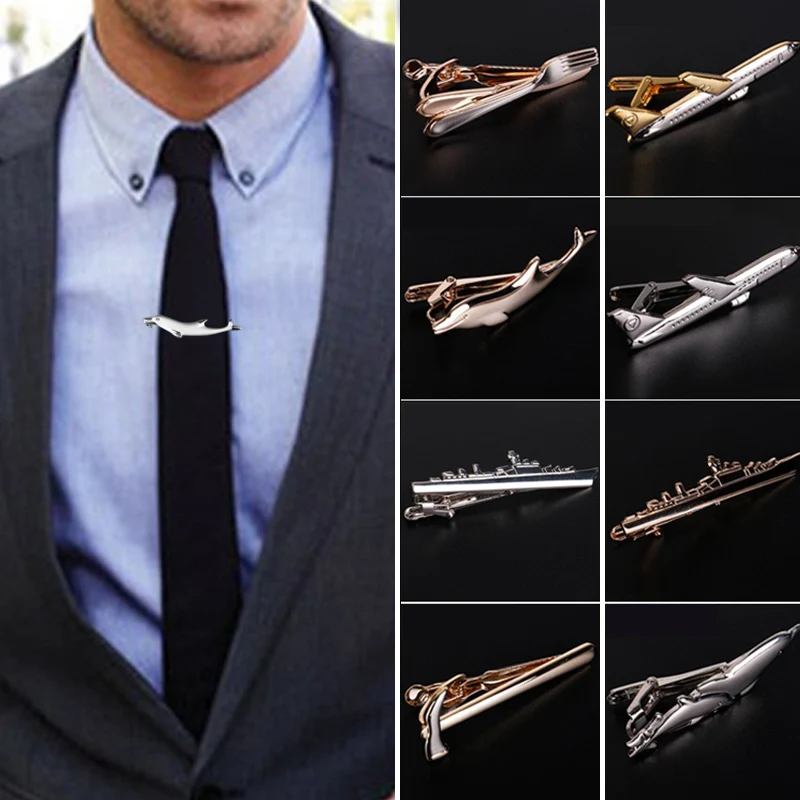 

Men Alloy Metal Gold Color Tie Clips Fashion Steamship Dolphin Airplane Tie Bar Wedding Party Jewelry Pin Business Man Gifts