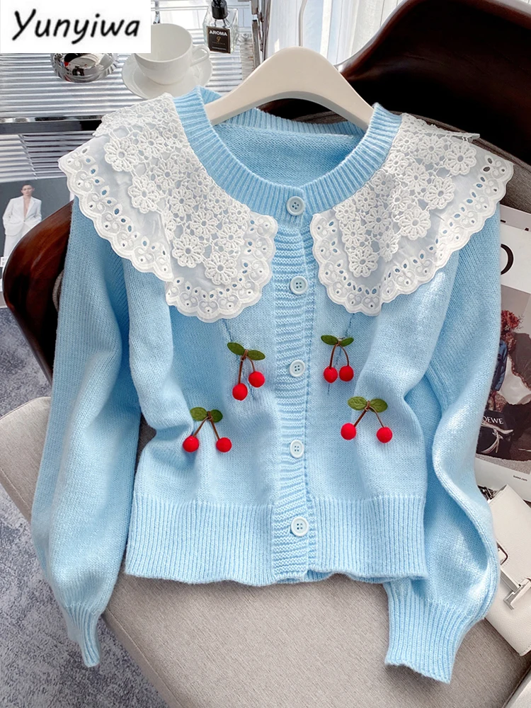Cherry Knitted Cardigan Women Sweater Lace Peter Pan Collar Blue Clothes Casual Sweet Coat Breasted Loose
Cherry Knitted Cardigan Women Sweater Lace Peter Pan Collar Blue Clothes Casual Sweet Coat Breasted Loose