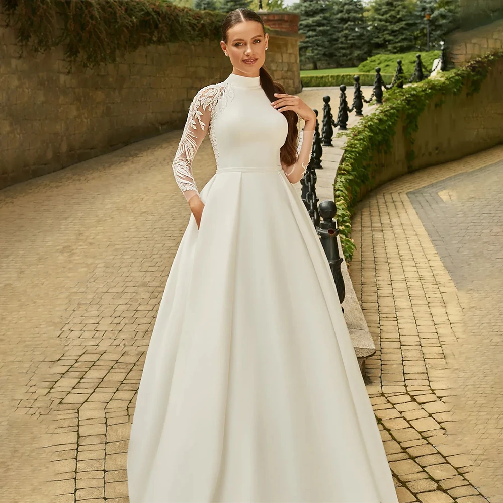 Vintage High Neck Full Sleeves Satin Wedding Dresses 3d Lace Applique Formal Bridal Grown Factory 2023 Vestido De Noiva
Vintage High Neck Full Sleeves Satin Wedding Dresses 3d Lace Applique Formal Bridal Grown Factory 2023 Vestido De Noiva