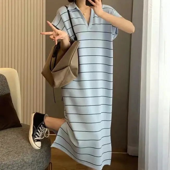 Korea New 2021 stripe shirt Dresses Women Summer V-neck Midi Dress Ladies Loose Dress vestido
Korea New 2021 stripe shirt Dresses Women Summer V-neck Midi Dress Ladies Loose Dress vestido