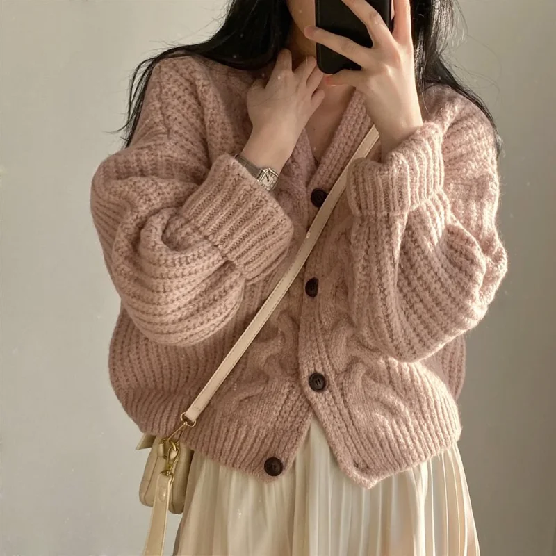 

DUOFAN Loose Knitted Cardigans Autumn Simple Casual V Neck Puff Sleeve Sweater Hemp Pattern Single Breasted Women Knit Coats