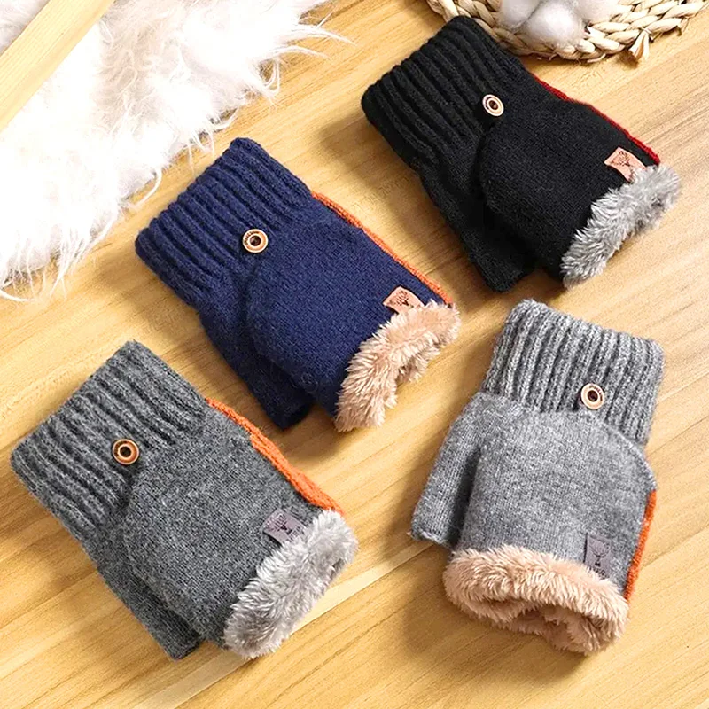 Зимние варежки без пальцев, вязаные перчатки, вязаные ветрозащитные пушистые теплые утепленные плюшевые перчатки с откидной крышкой на полпальца для сенсорного экрана, 1 пара
