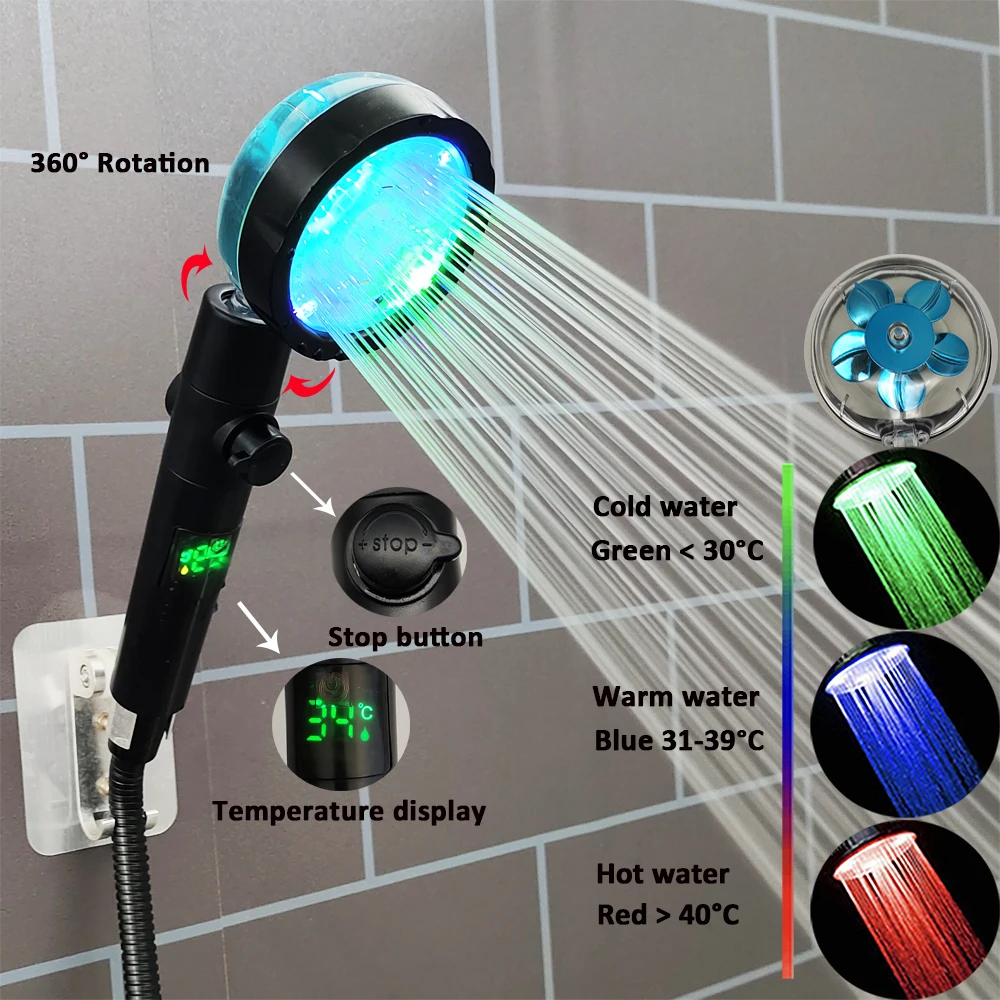 

3/7 Colors Changes Temperature Display Led Shower Head Turbo Fan Propeller Filtered Showerhead One Key Stop Bathroom Accessories