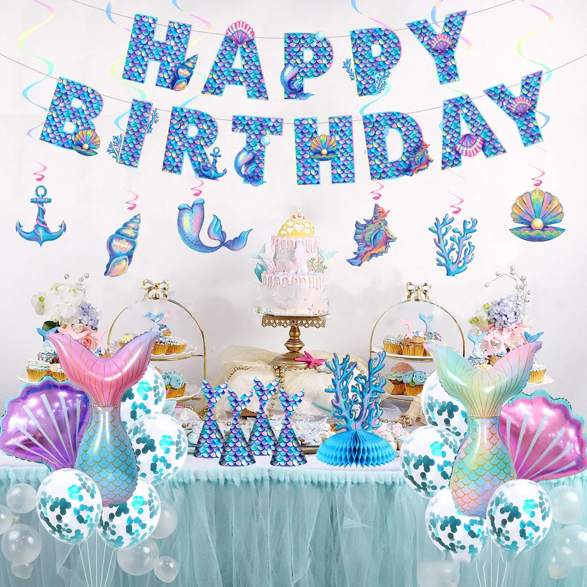 CHEEREVEAL Mermaid Themed Party Decoration Set Banner Hanging Spiral Seashell Fishtail Confetti Balloons Birthday Party Supplies
CHEEREVEAL Mermaid Themed Party Decoration Set Banner Hanging Spiral Seashell Fishtail Confetti Balloons Birthday Party Supplies