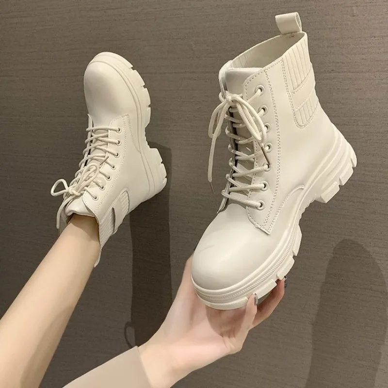 

Woman Boots Fashion Platform Heel Round Toe Ankle Boots British Style Belt Buckle Solid Color Splice Lace Up Booties Botas Mujer
