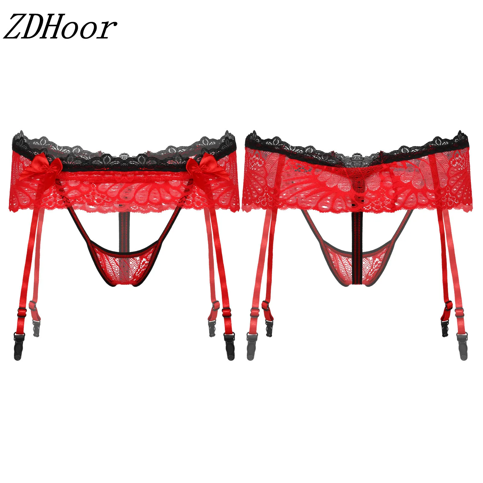 

Men Hollow Out Lace Skirted Thongs Bowknot Elastic Waistband Crotchless T-Back Adjustable Garter Belt G-String Sissy Underwear