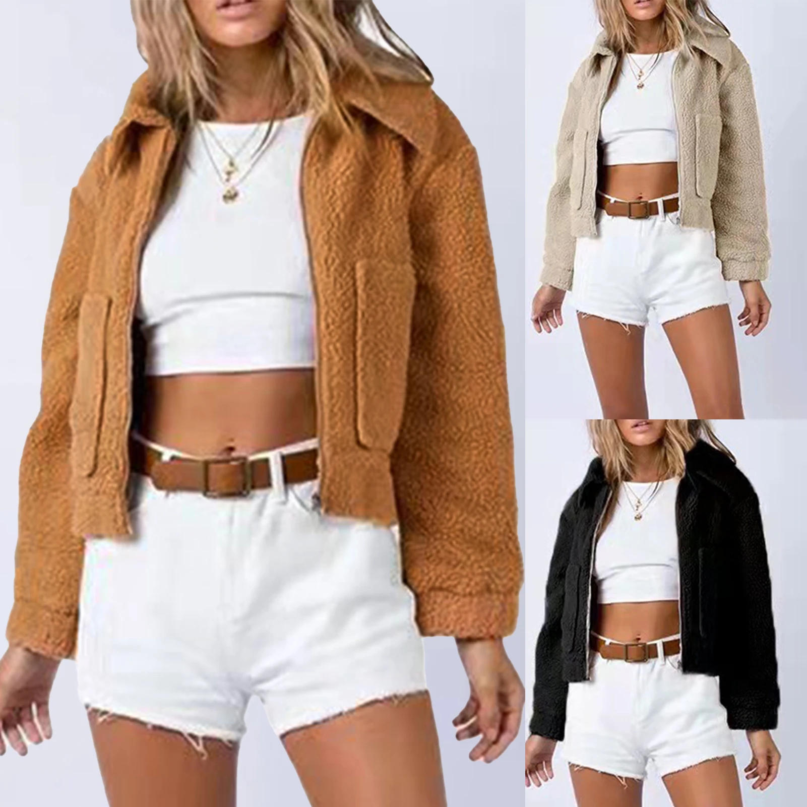 Fashion Lapel Collar Crop Jacket for Women Zip Up Faux Fur Long Sleeve Jacket with Pockets Solid Color Loose Fit Daily Commuting
Fashion Lapel Collar Crop Jacket for Women Zip Up Faux Fur Long Sleeve Jacket with Pockets Solid Color Loose Fit Daily Commuting