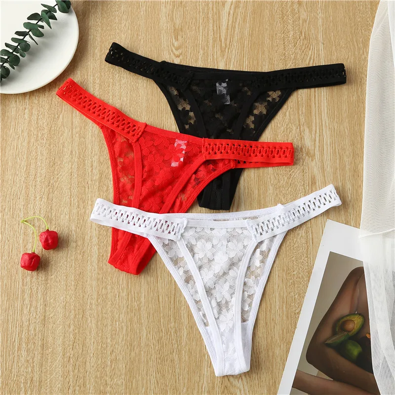 

Pure Cotton Low Waisted Mesh Hollowed Out Transparent Thong Pants with No Marks Breathable Bottoms Lace Underwear WOMEN Panties