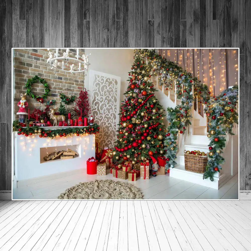 

Рождественская елка Гирлянда камин лестница комната интерьер фотографии фоны под заказ фотография Стенд фоны