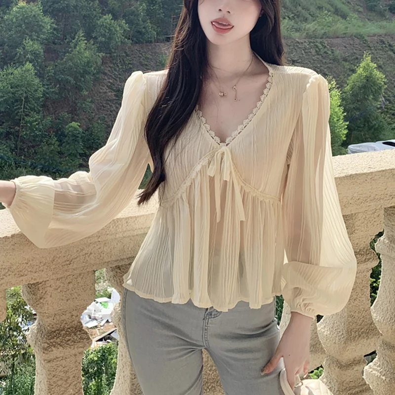 V-Neck Tie Korean Style Summer Women'S New Comfortable Lantern Long-Sleeved Solid Color Fashion All-Match Chiffon Loose Slim Top
V-Neck Tie Korean Style Summer Women'S New Comfortable Lantern Long-Sleeved Solid Color Fashion All-Match Chiffon Loose Slim Top