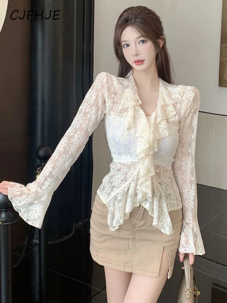 

CJFHJE Sexy See Through Women Lace Shirt Fashion Hollow Out Slim Blouse Korean Elegant Flare Sleeve V Neck All Match Female Tops