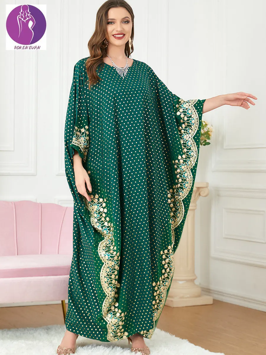 

ROKEN EVAN 2022 Women Muslim Abaya Bat Sleeve With Polka Embroidery Lace Middle East Muslim European Fashion Green Dress