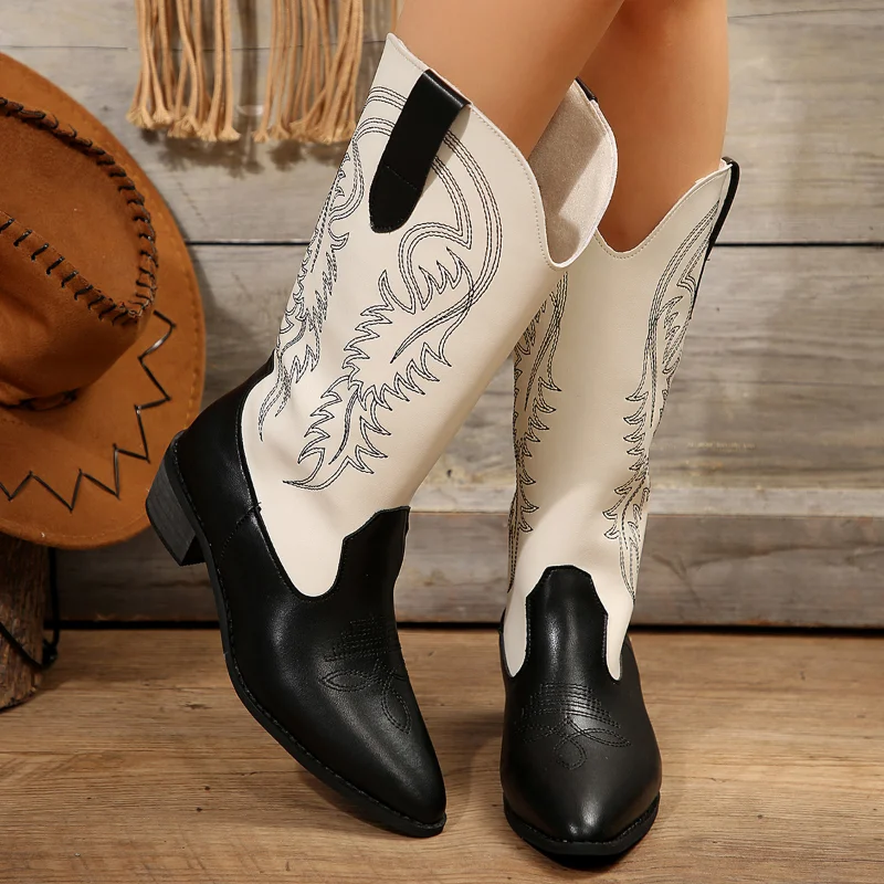 

Fashion Cowgirl Western Boots Non-Slip Mid Calf Block High Heel Platform Shoes Knee High Design Rome Vintage Luxury Boots Woman