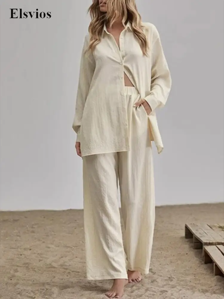 Women Loose Slit Shirt Set Casual Long Sleeve Blouse Tops+High Waist Wide Leg Pants Outfits Lady Solid Fashion Cotton Linen Suit
Women Loose Slit Shirt Set Casual Long Sleeve Blouse Tops+High Waist Wide Leg Pants Outfits Lady Solid Fashion Cotton Linen Suit