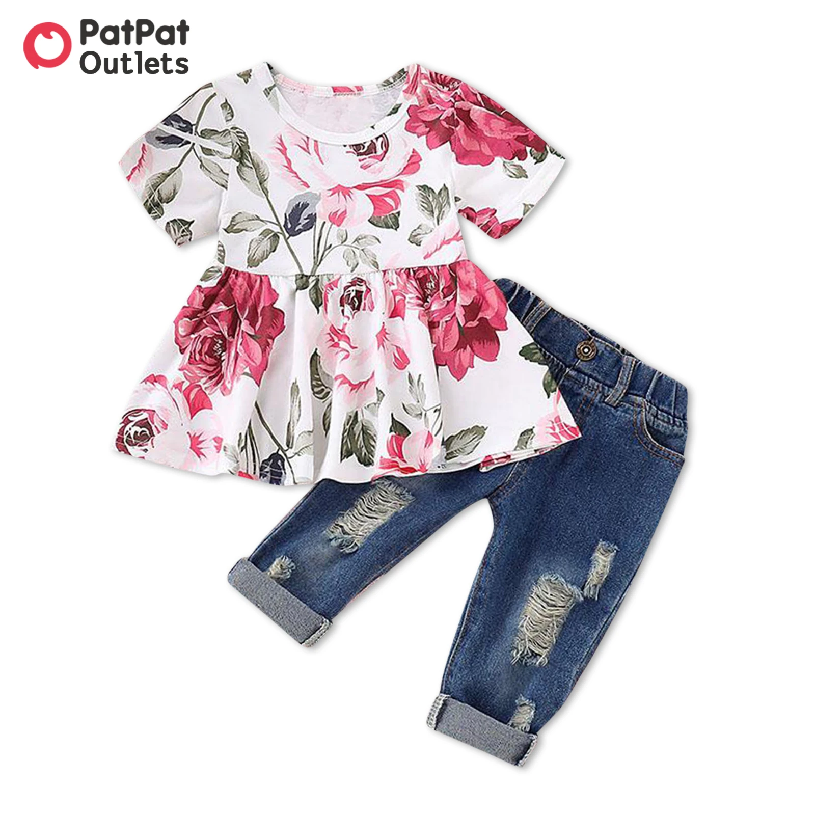 

PatPat 2pcs 95% Cotton Summer Cute Baby Girl Designer Clothes Denim Ripped Jeans and Floral Flower Print Short-sleeve Top Set