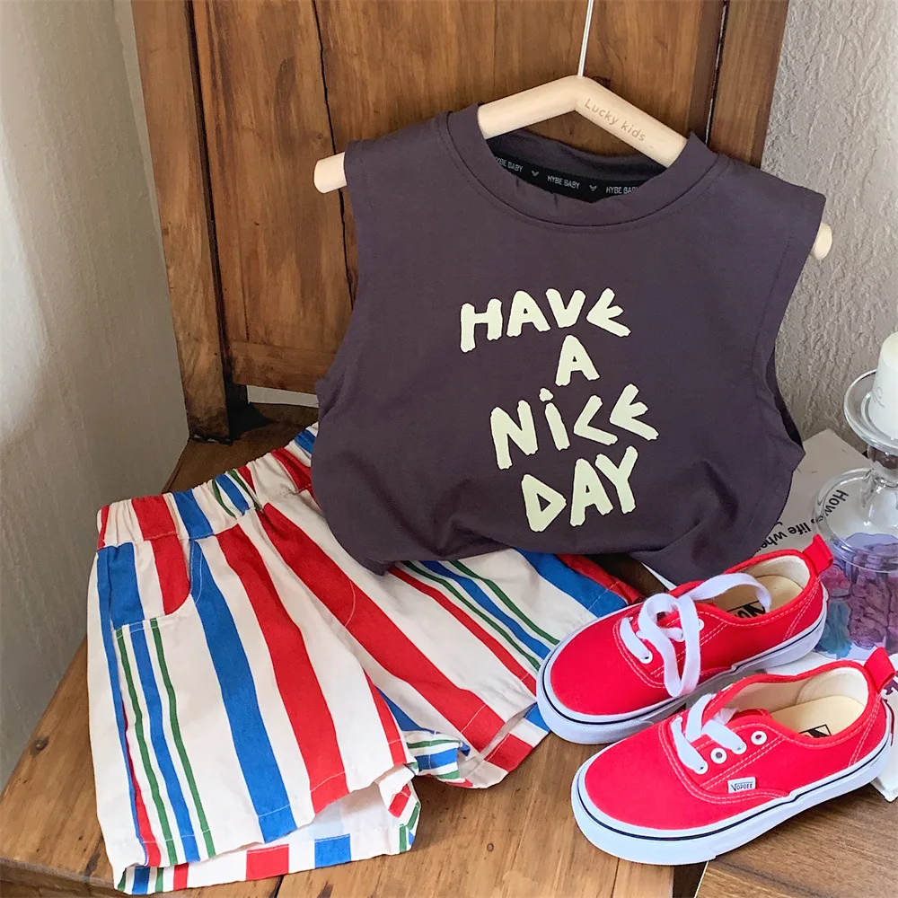 New Summer Children Casual Outfits Kid Boy Letter Print Vest Set Girl Baby Cotton Sleeveless Tops + Fashion Striped Shorts 2pcs
New Summer Children Casual Outfits Kid Boy Letter Print Vest Set Girl Baby Cotton Sleeveless Tops + Fashion Striped Shorts 2pcs