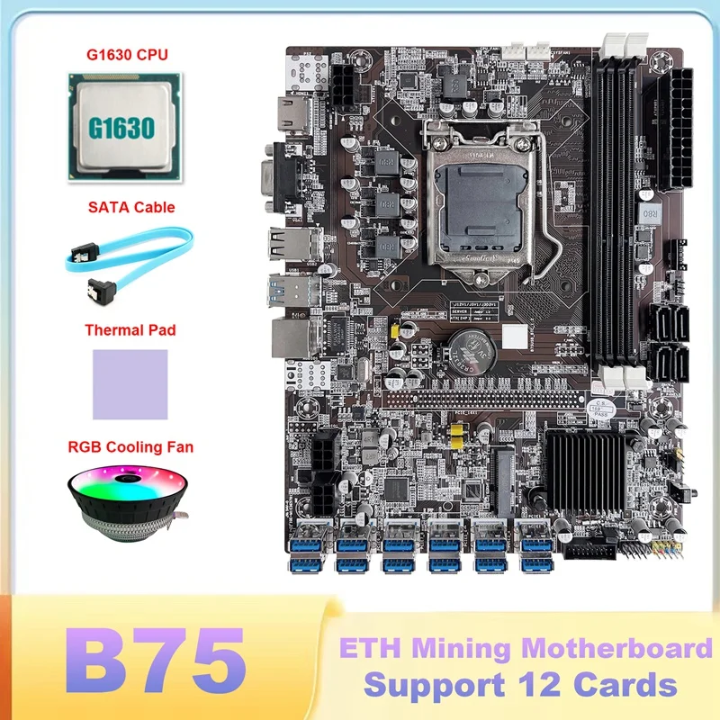 B75 ETH Mining Motherboard 12 PCIE To USB LGA1155 Motherboard With G1630 CPU+SATA Cable+Thermal Pad+RGB Cooling Fan
B75 ETH Mining Motherboard 12 PCIE To USB LGA1155 Motherboard With G1630 CPU+SATA Cable+Thermal Pad+RGB Cooling Fan