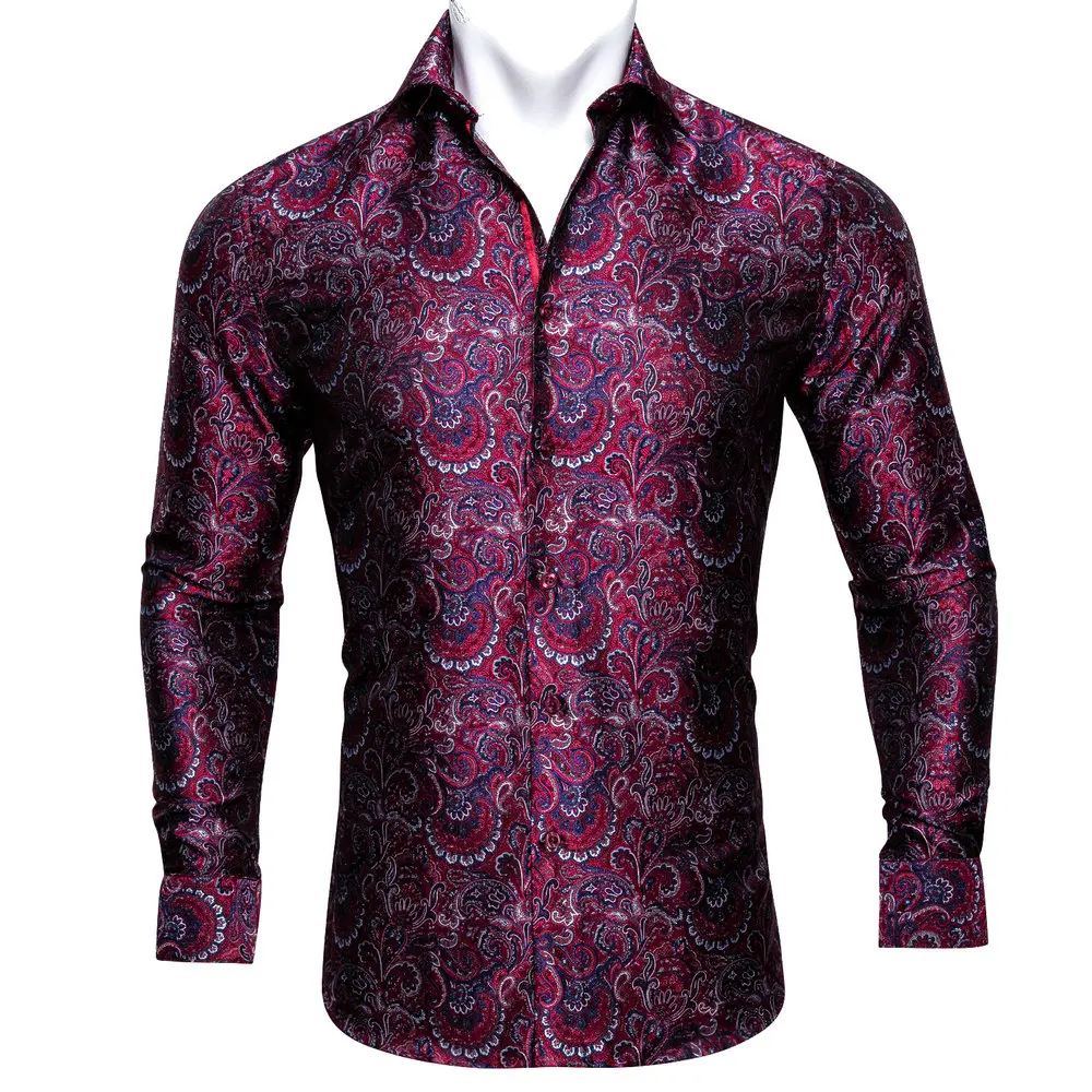 

Novelty Wine Red Paisley Long Sleeve Polyester Mens Shirt Casual Fit Jacquard Turndown Collar Business Party Designer Barry.Wang