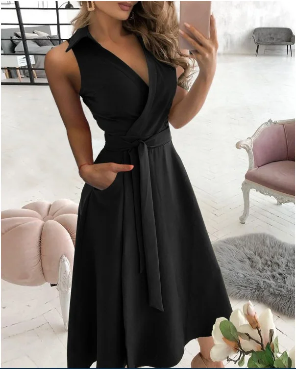 

Summer Women's Casual Solid Color Dress Fashion Sexy V-Neck Sleeveless Loose Beach Elegant Outfits For Women Party Dresses